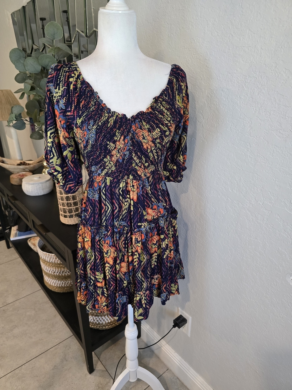 Angie Navy Floral Tiered Puff-Sleeve Mini Dress